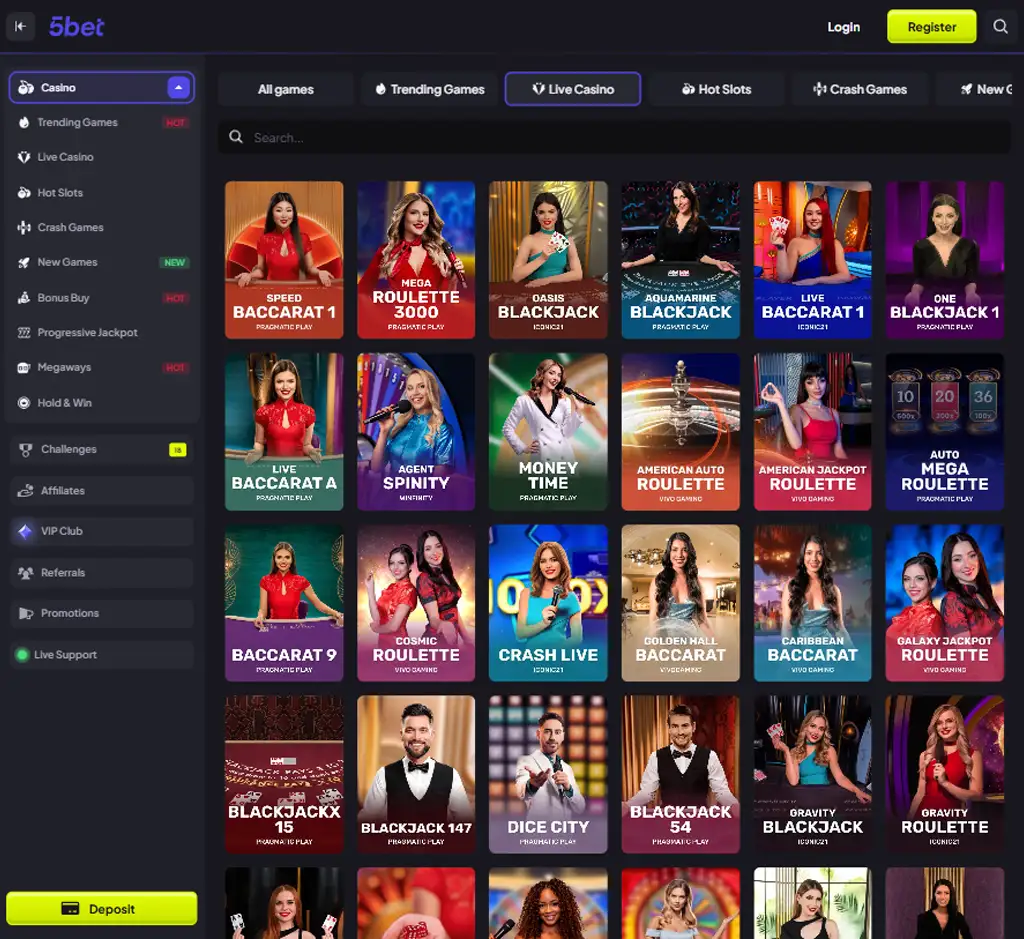 5 Bet Casino desktop live casino lobby screenshot featuring live dealer games and real-time streaming interface - review testing