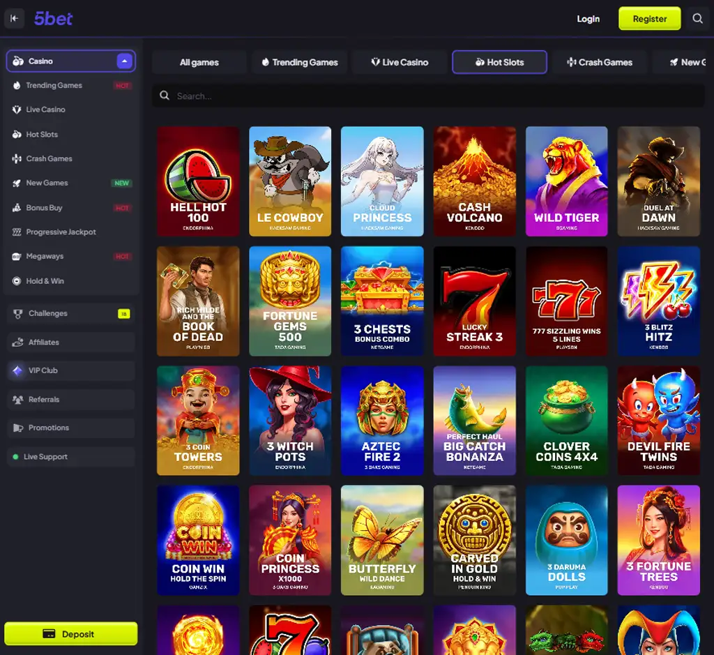 5 Bet Casino desktop slots lobby screenshot presenting variety of slot games with categories and providers - verified