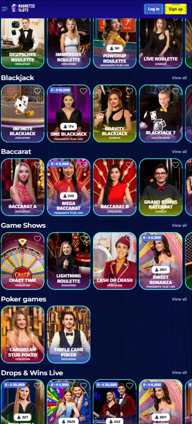 Magnetic Slots Casino mobile live casino screenshot showing live dealer tables, game thumbnails, and lobby navigation on smartphone interface - tested