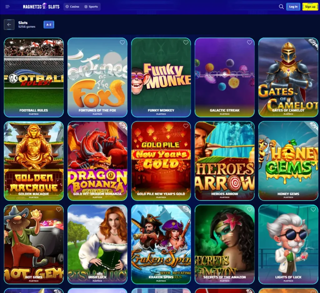 Magnetic Slots Casino desktop slots screenshot displaying full game library with categories, featured slots, and filtering options on widescreen interface - tested