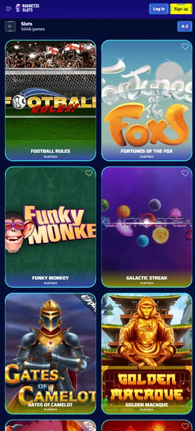 Magnetic Slots Casino mobile slots screenshot showing slot game library with featured titles, categories, and scrollable navigation on smartphone interface - tested