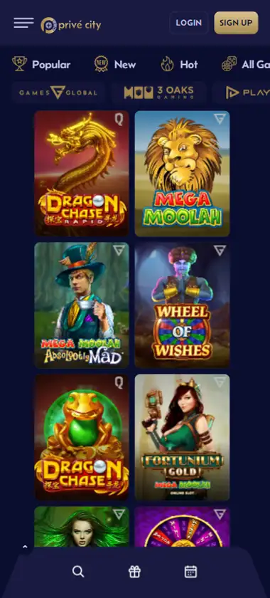 Prive City Casino mobile jackpots interface screenshot displaying jackpot slot games and featured prize amounts - Tested