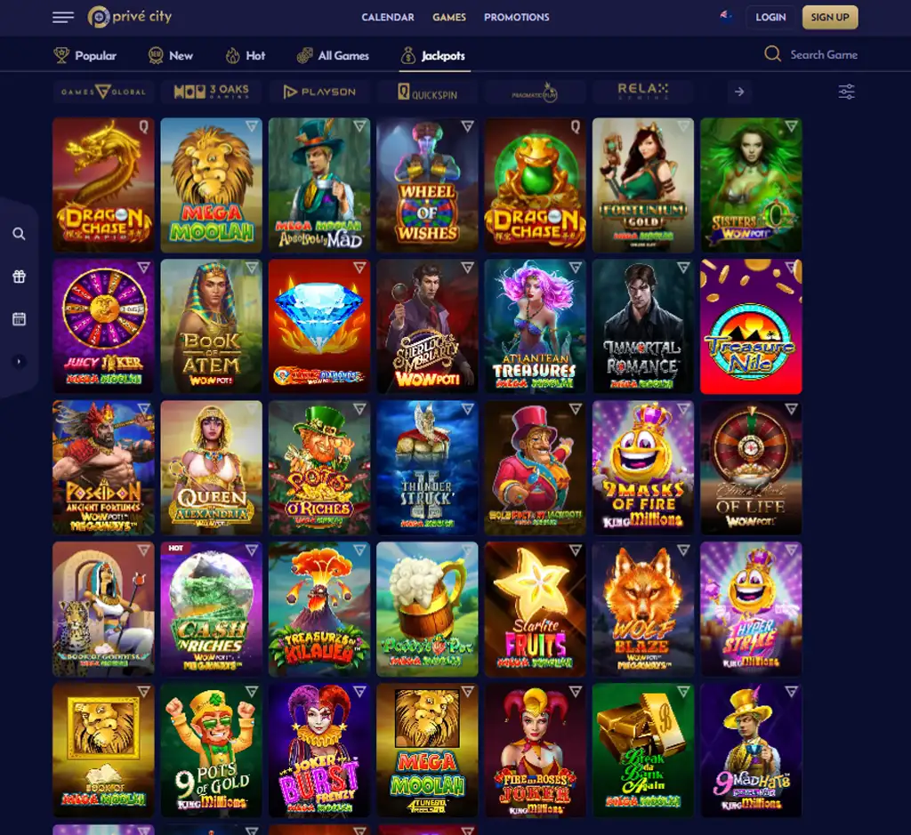 Prive City Casino desktop jackpots section screenshot featuring progressive jackpot slot games and prize pools - Tested