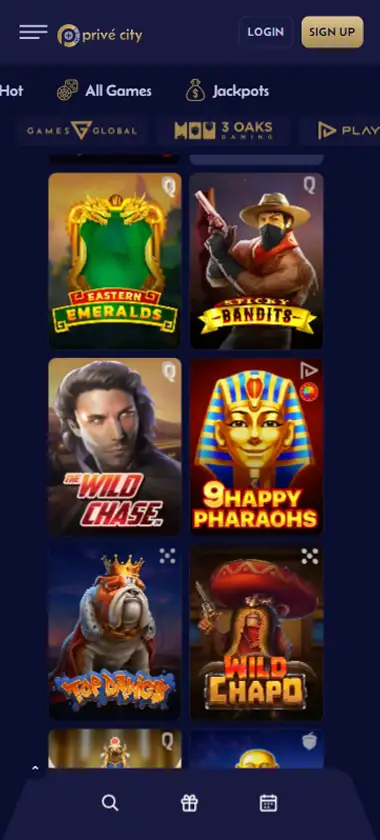 Prive City Casino mobile slots interface screenshot showing slot game selection with popular titles and filtering options - Tested