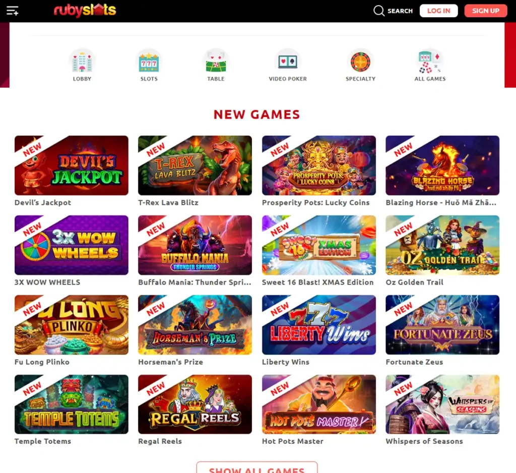 Ruby Slots Casino desktop homepage screenshot displaying main lobby with featured games, promotions and navigation menu - tested