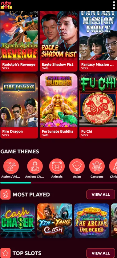 Ruby Slots Casino mobile lobby interface screenshot displaying featured games and casino categories - captured during platform testing