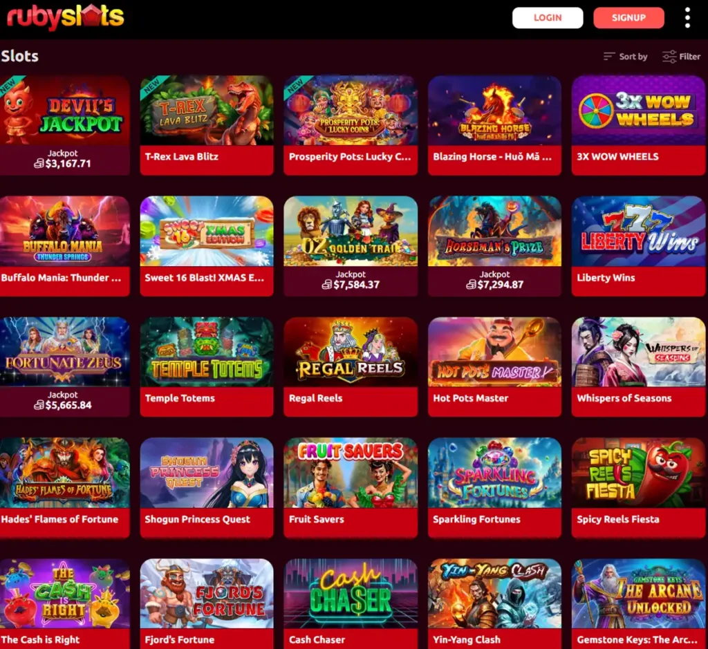Ruby Slots Casino desktop slots lobby screenshot presenting variety of slot games with categories and providers - verified