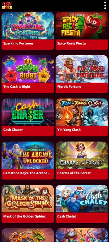 Ruby Slots Casino mobile slots interface screenshot showing slot game selection with popular titles and filtering options - captured during platform testing