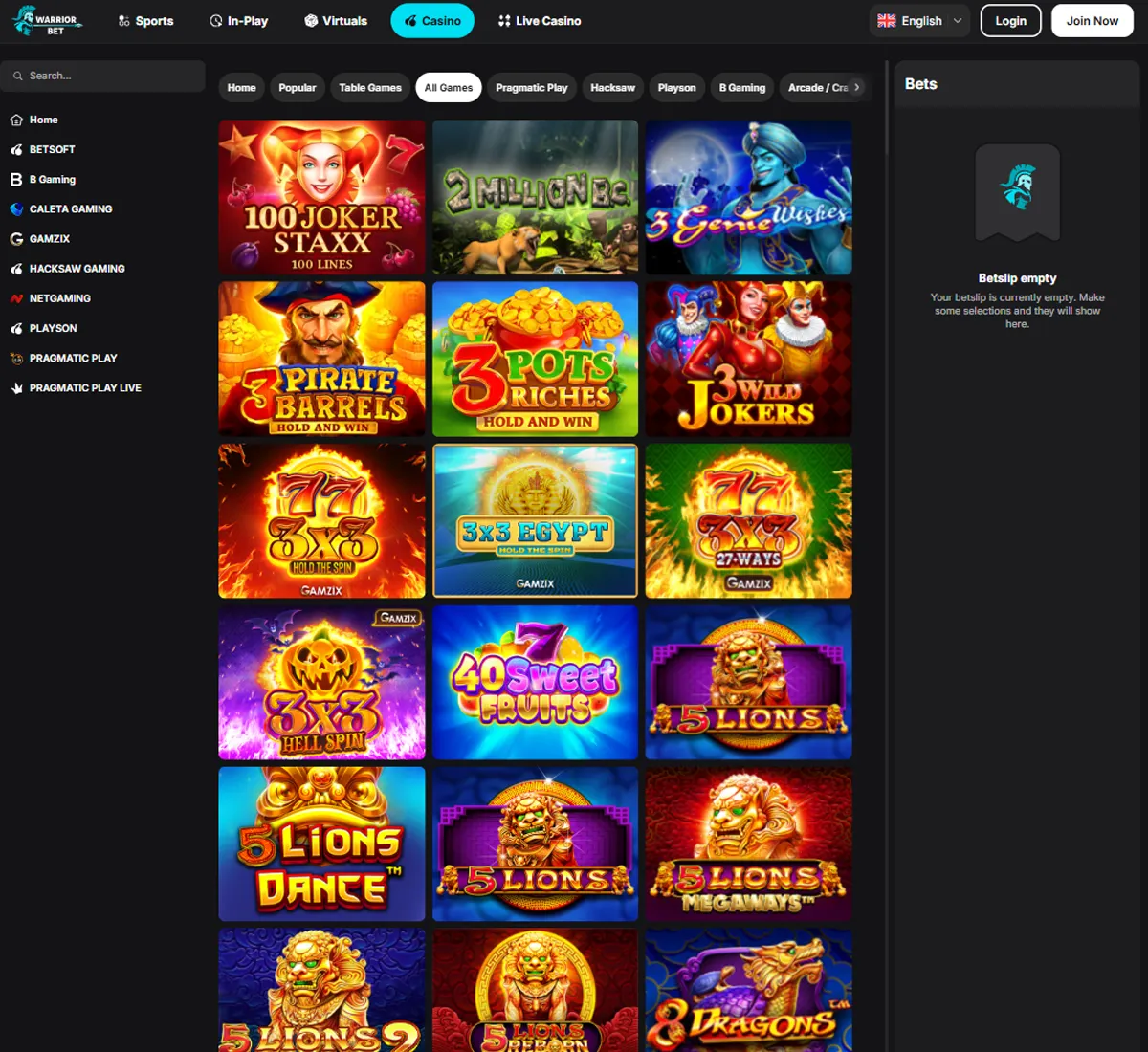 WarriorBet Casino desktop all games screenshot displaying full game library with categories, filters, and game thumbnails on widescreen interface   tested