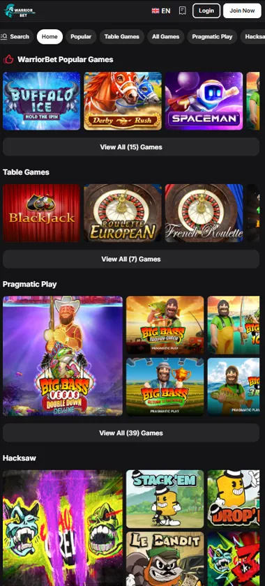 WarriorBet Casino mobile homepage screenshot showing hero banners, navigation menu, featured games, and promotional sections on smartphone interface   tested