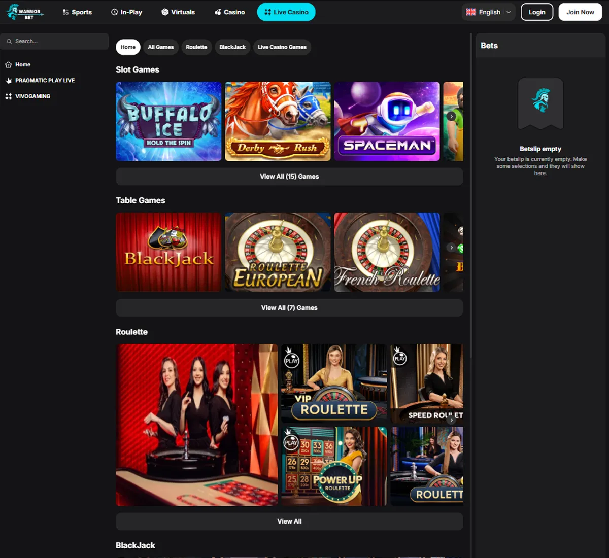 WarriorBet Casino desktop live casino screenshot displaying live dealer tables, streaming interface, and game selection grid on widescreen layout   tested