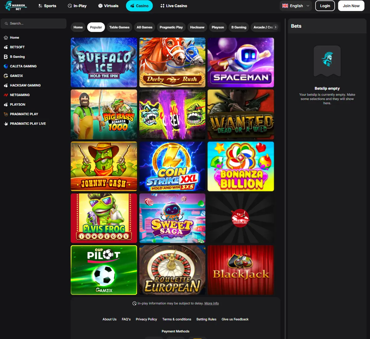 WarriorBet Casino desktop popular games screenshot displaying trending titles, featured games, and categorized selection on widescreen interface   tested