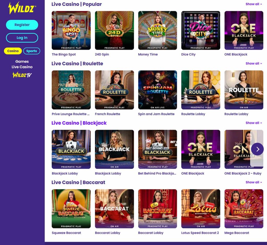 Wildz Casino desktop live casino lobby screenshot featuring live dealer games and real-time streaming interface - tested