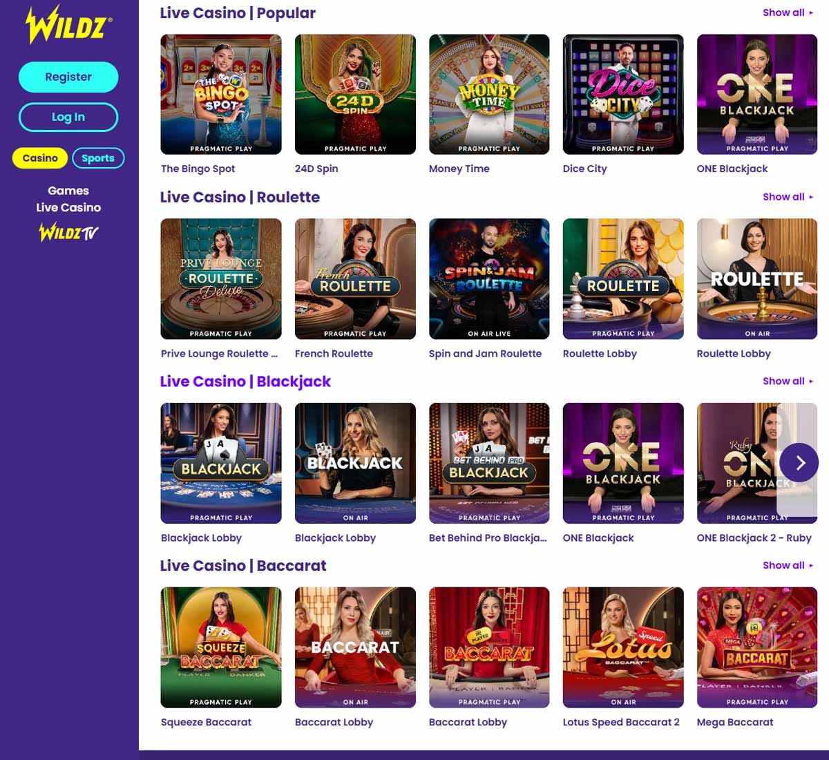 Wildz Casino desktop live casino lobby screenshot featuring live dealer games and real time streaming interface   tested