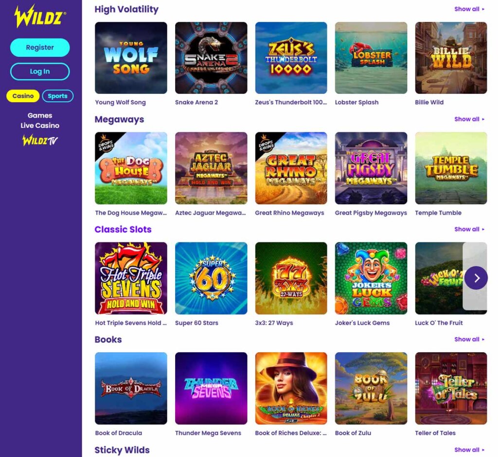Wildz Casino desktop slots lobby screenshot presenting variety of slot games with categories and providers - tested