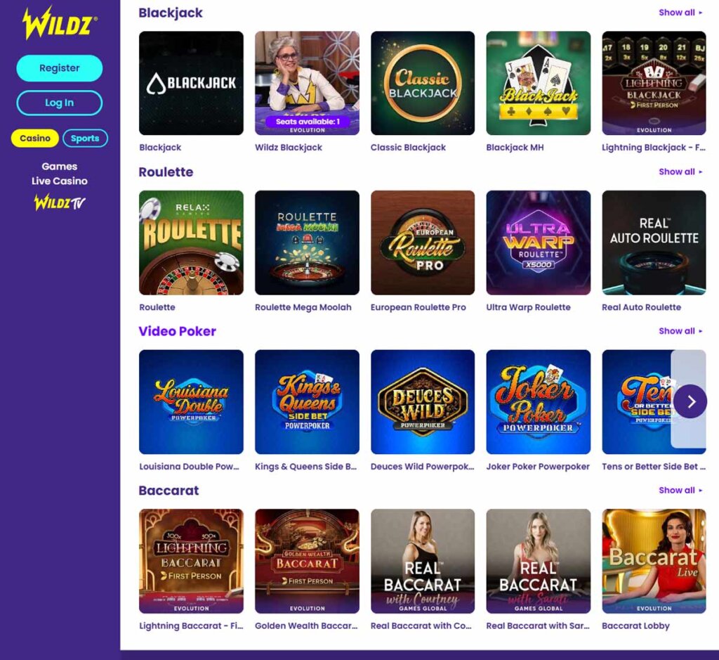 Wildz Casino desktop table games lobby screenshot displaying classic games such as blackjack, roulette and baccarat - tested