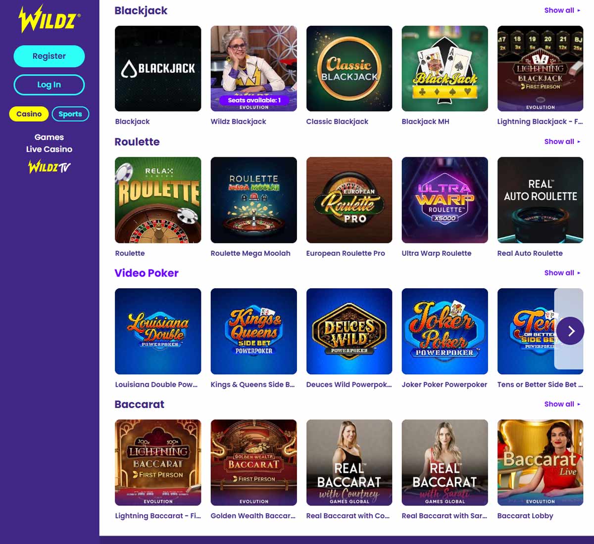 Wildz Casino desktop table games lobby screenshot displaying classic games such as blackjack, roulette and baccarat   tested
