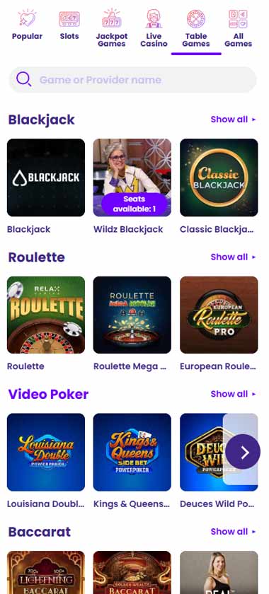 Wildz Casino mobile table games interface screenshot showing selection of blackjack, roulette and other table games - tested