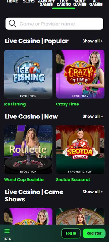 Beazt Casino mobile live casino interface screenshot showing live dealer tables including blackjack and roulette - tested