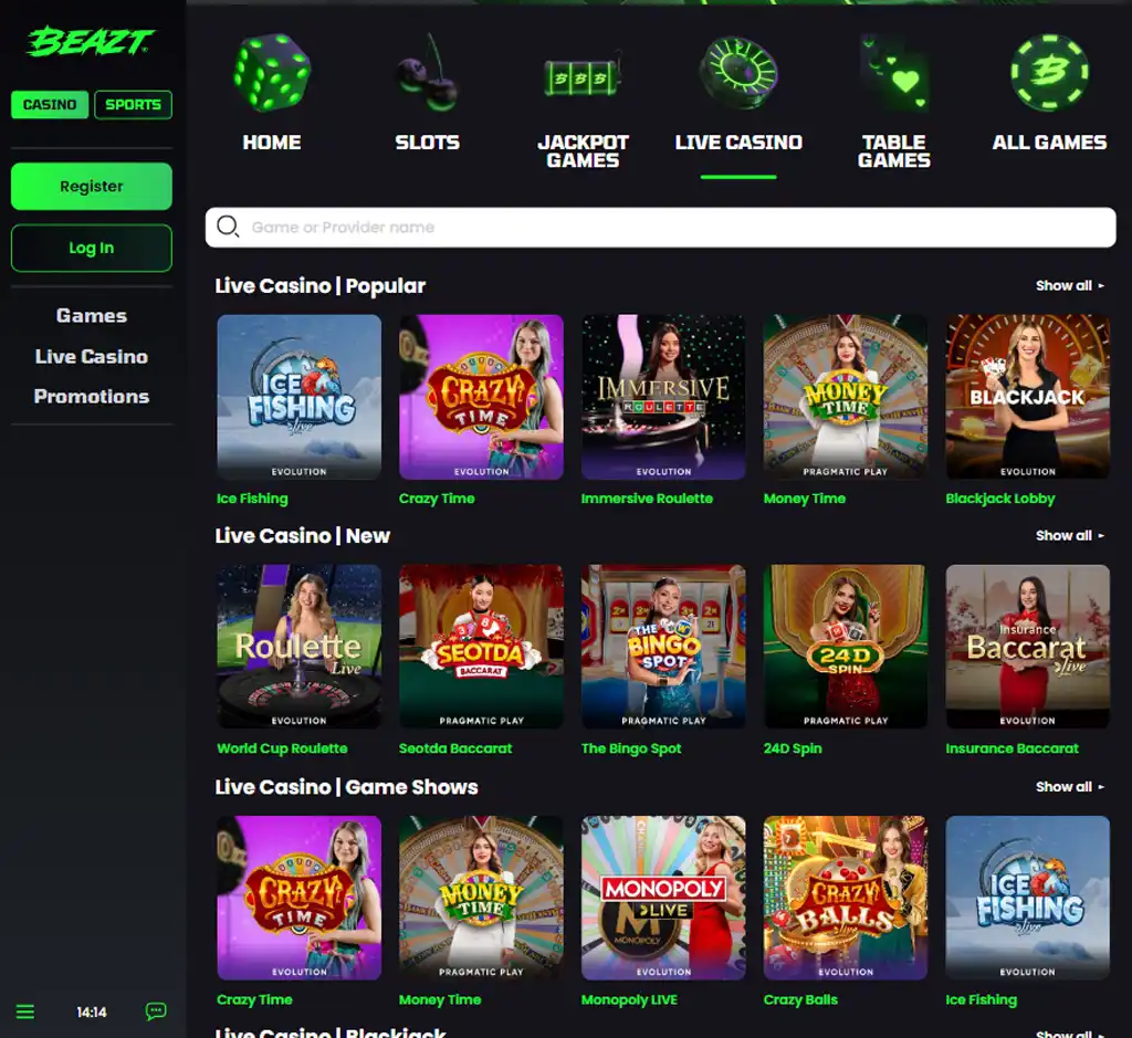 Beazt Casino desktop live casino lobby screenshot featuring live dealer games and real-time streaming interface - tested