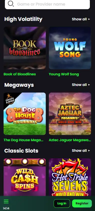 Beazt Casino mobile slots interface screenshot showing slot game selection with popular titles and filtering options - tested