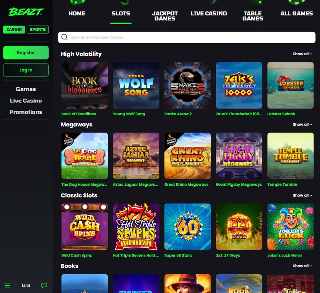 Beazt Casino desktop slots lobby screenshot presenting variety of slot games with categories and providers - tested