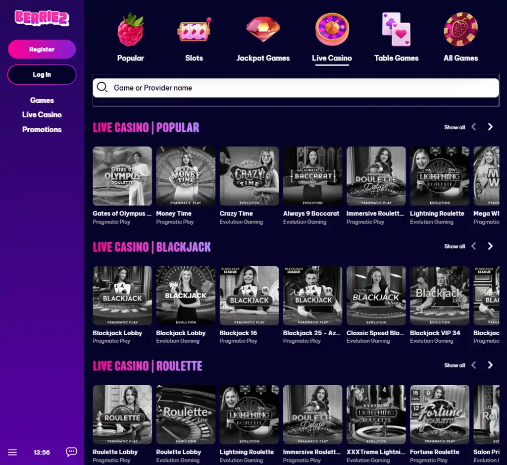 Berriez Casino desktop live casino lobby screenshot featuring live dealer games and real-time streaming interface - Tested