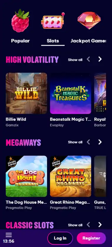 Berriez Casino mobile slots interface screenshot showing slot game selection with popular titles and filtering options - Tested
