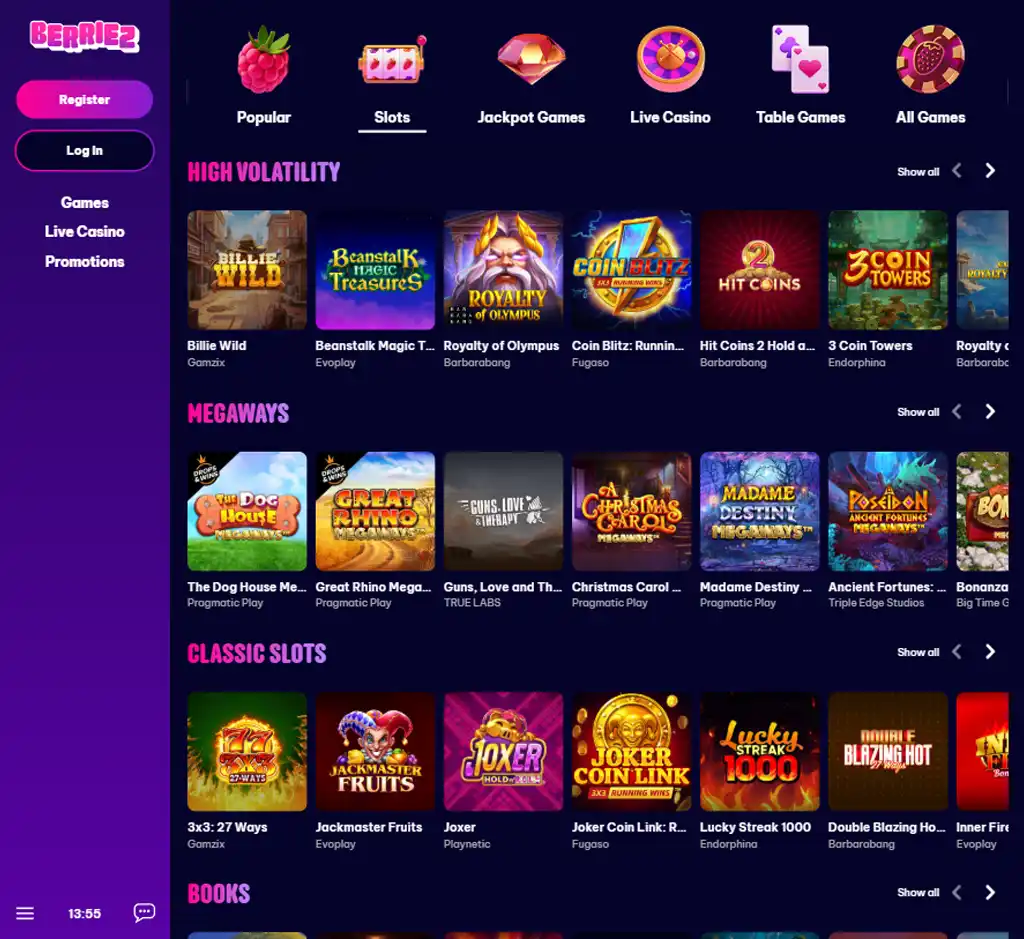 Berriez Casino desktop slots lobby screenshot presenting variety of slot games with categories and providers - Tested