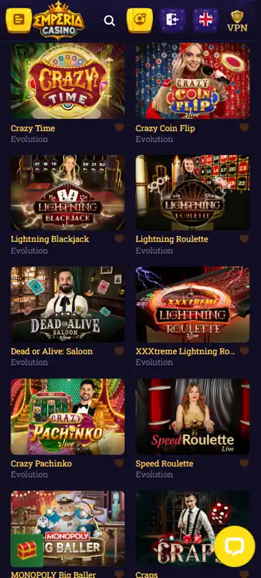 Emperia Casino mobile live casino interface screenshot showing live dealer tables including blackjack and roulette - tested