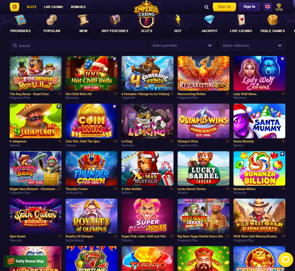 Emperia Casino desktop slots lobby screenshot presenting variety of slot games with categories and providers - verified