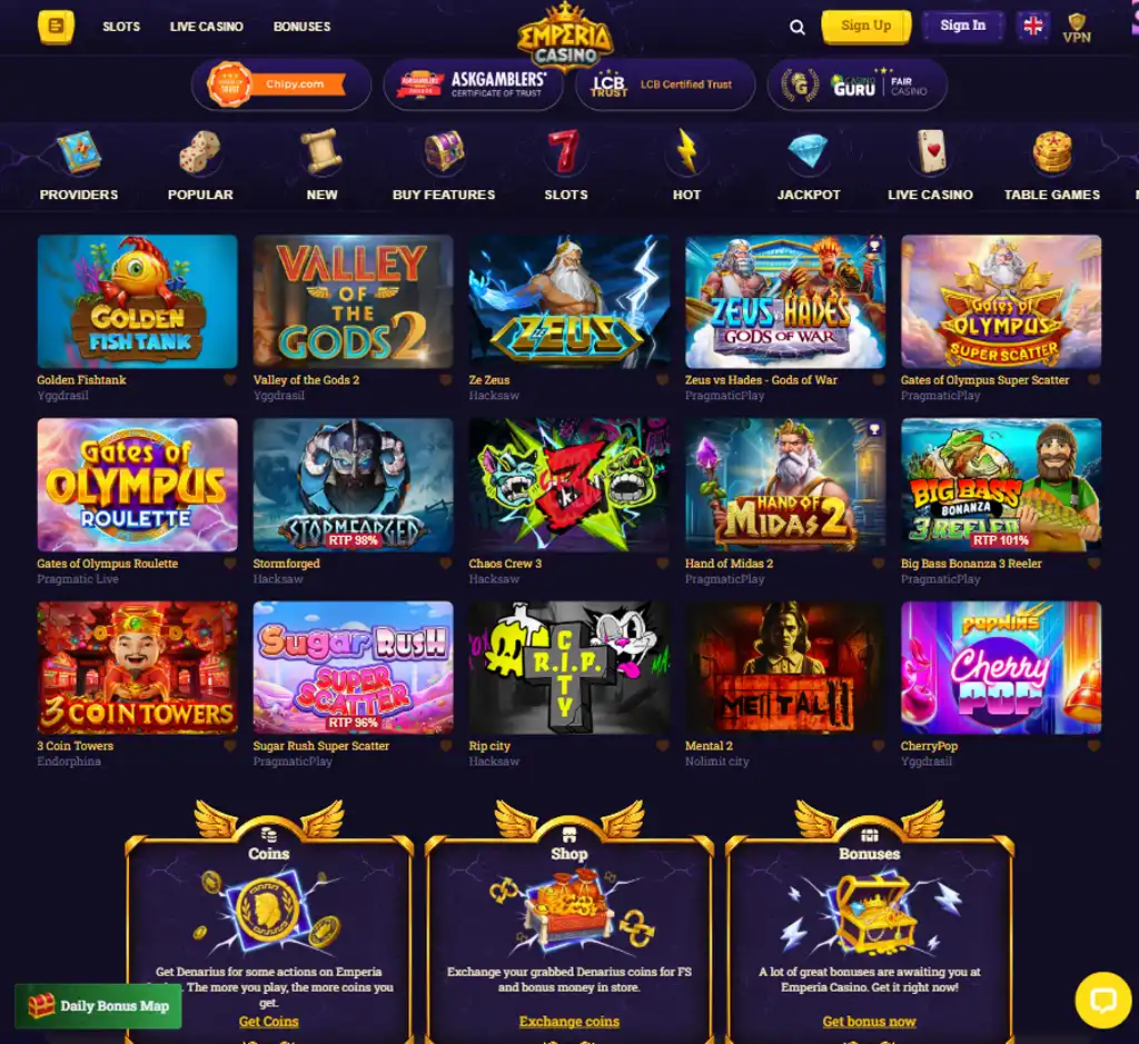 Emperia Casino desktop homepage screenshot displaying main lobby with featured games, promotions and navigation menu - tested