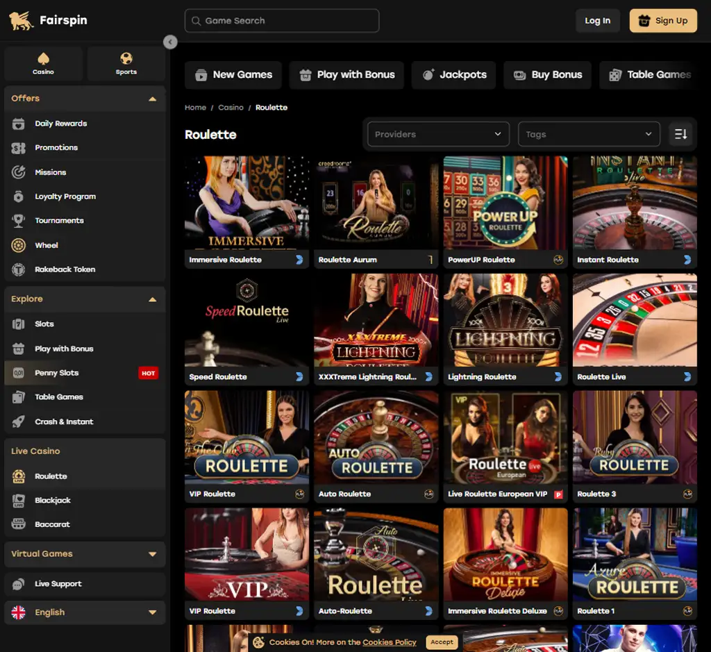 Fairspin Casino desktop live casino lobby screenshot featuring live dealer games and real-time streaming interface - review testing