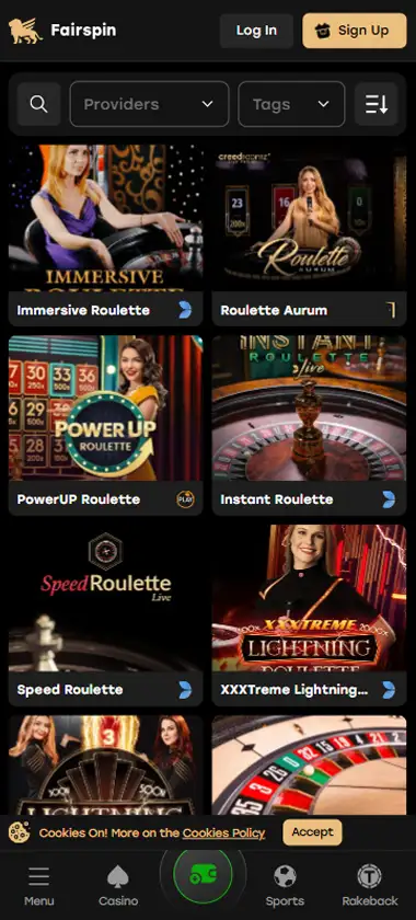 Fairspin Casino mobile live casino interface screenshot showing live dealer tables including blackjack and roulette - tested
