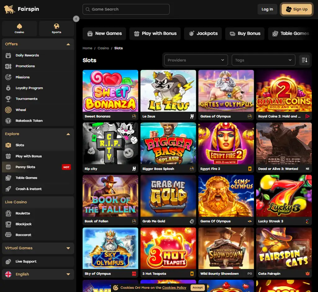 Fairspin Casino desktop slots lobby screenshot presenting variety of slot games with categories and providers - verified