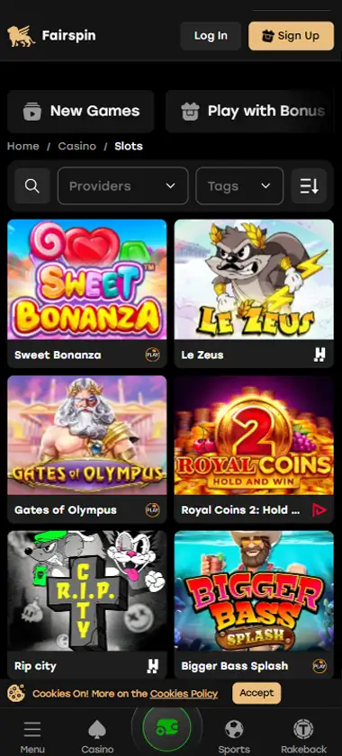 Fairspin Casino mobile slots interface screenshot showing slot game selection with popular titles and filtering options - captured during platform testing