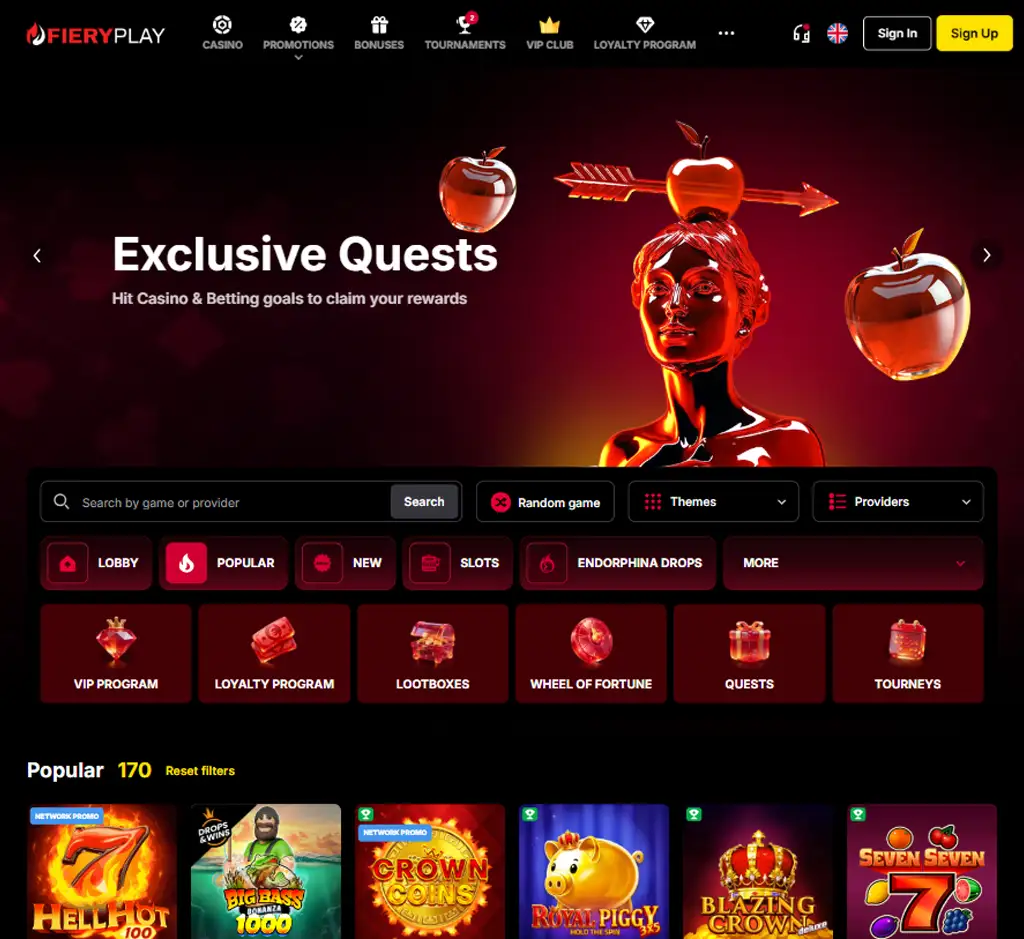 Fiery Play Casino desktop homepage screenshot displaying main lobby with featured games, promotions and navigation menu - tested