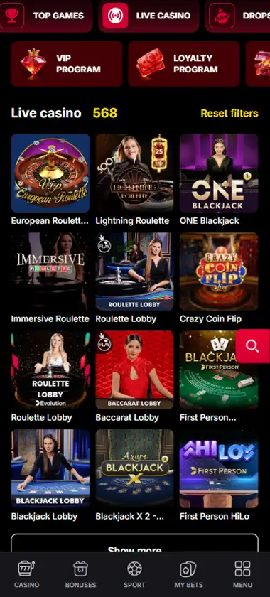 Fiery Play Casino mobile live casino interface screenshot showing live dealer tables including blackjack and roulette - tested