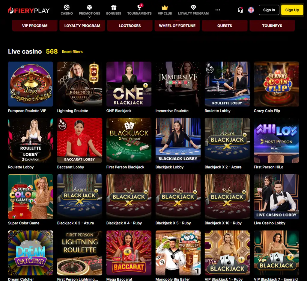 Fiery Play Casino desktop live casino lobby screenshot featuring live dealer games and real-time streaming interface - review testing