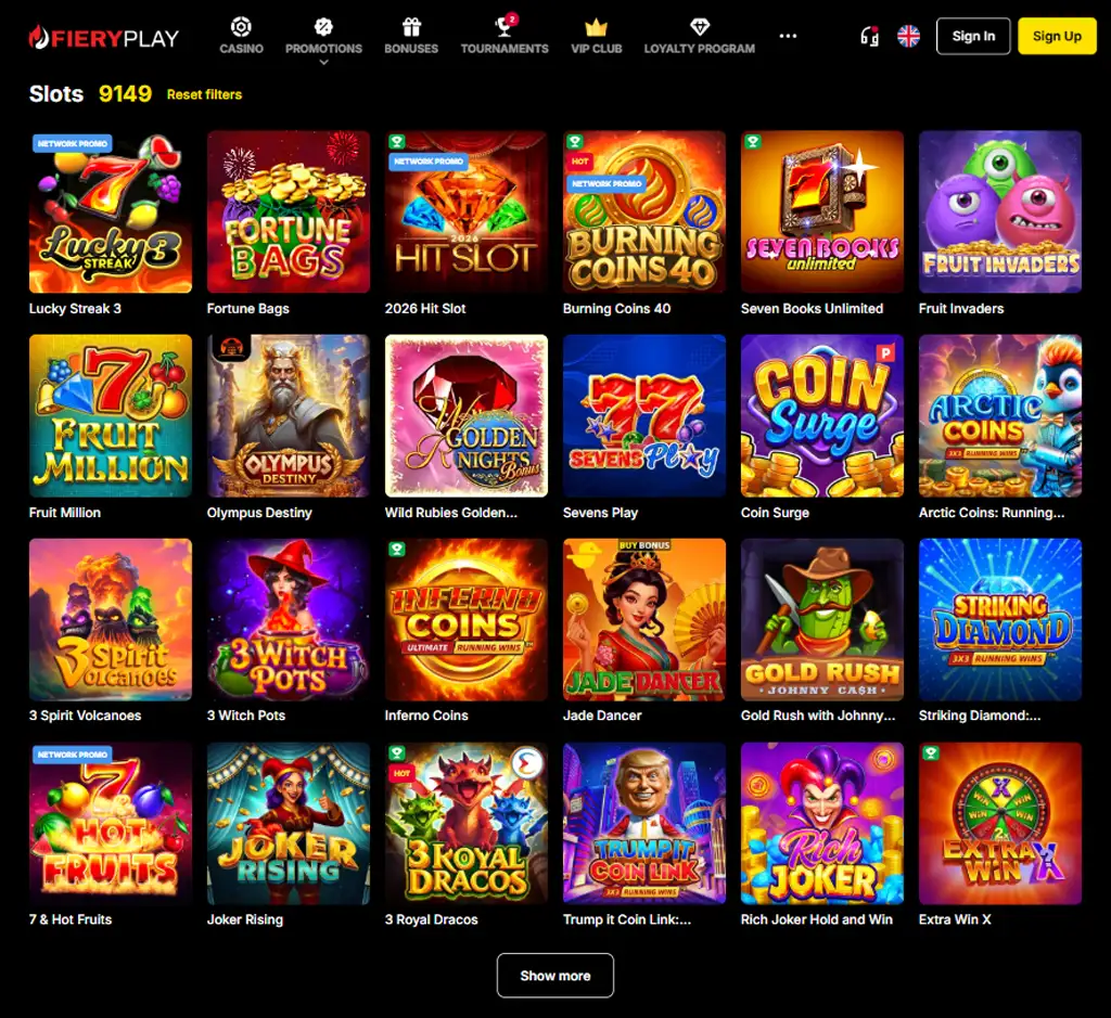 Fiery Play Casino desktop slots lobby screenshot presenting variety of slot games with categories and providers - verified