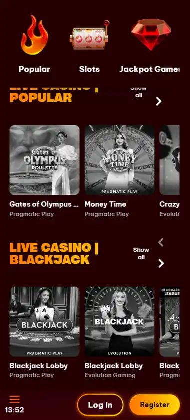 Flamez Casino mobile live casino interface screenshot showing live dealer tables including blackjack and roulette - tested