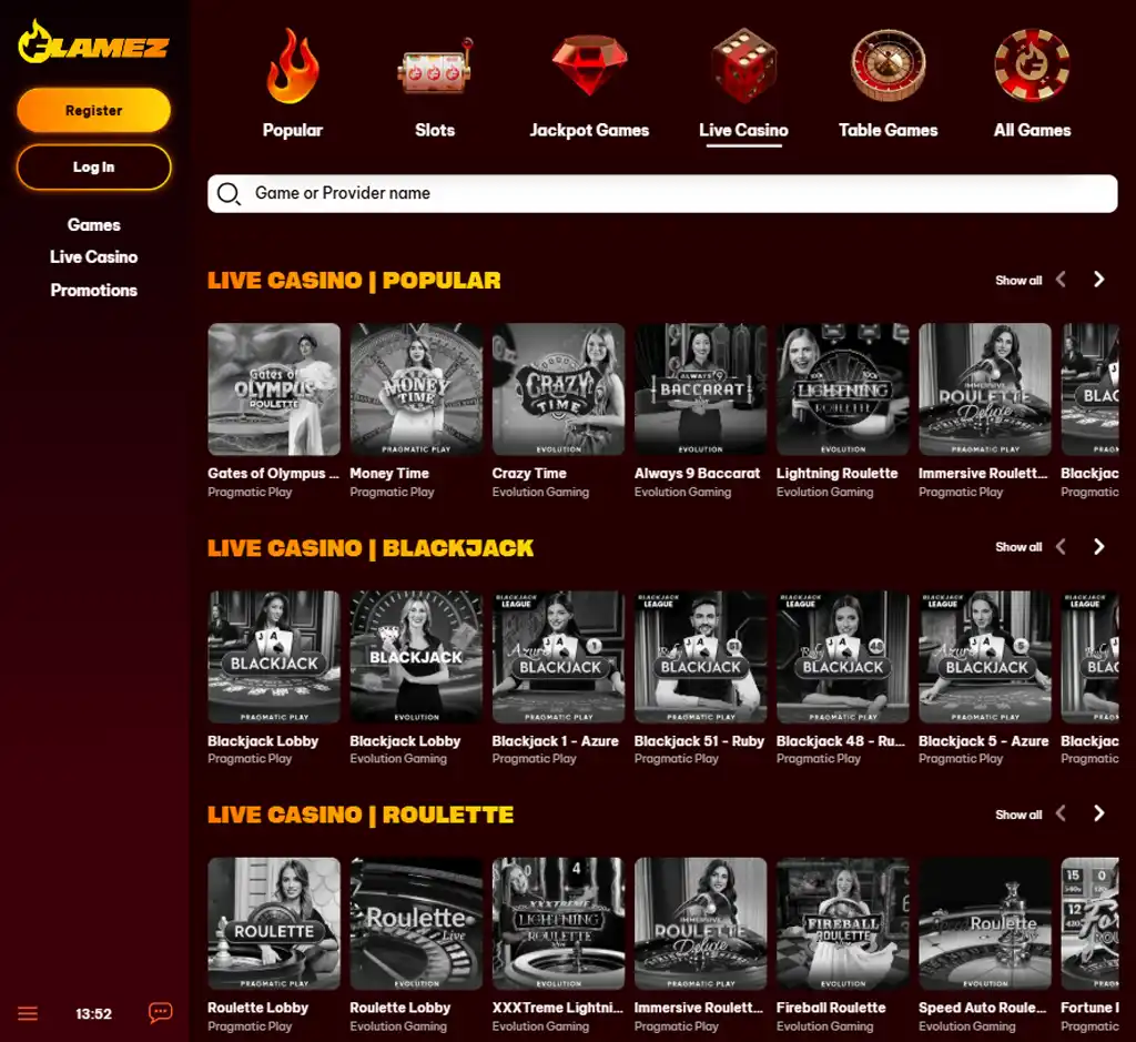 Flamez Casino desktop live casino lobby screenshot featuring live dealer games and real-time streaming interface - review testing