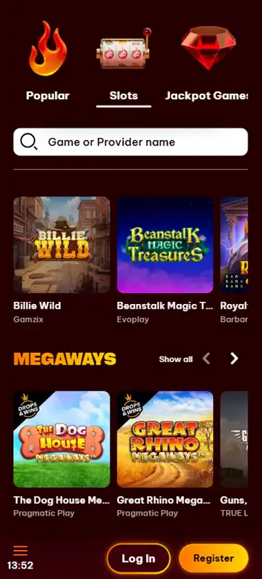 Flamez Casino mobile slots interface screenshot showing slot game selection with popular titles and filtering options - captured during platform testing