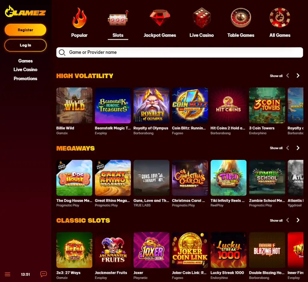 Flamez Casino desktop slots lobby screenshot presenting variety of slot games with categories and providers - verified