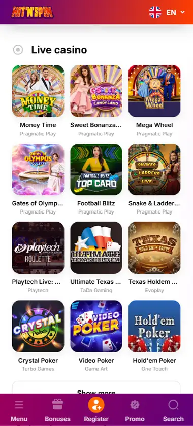 Hit N Spin Casino mobile live casino interface screenshot showing live dealer tables including blackjack and roulette   tested