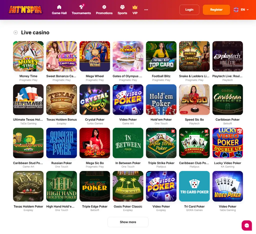 Hit N Spin Casino desktop live casino lobby screenshot featuring live dealer games and real time streaming interface   review testing