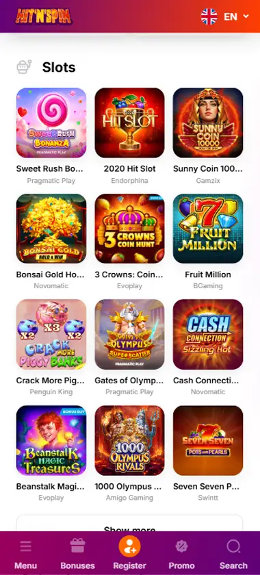 Hit N Spin Casino mobile slots interface screenshot showing slot game selection with popular titles and filtering options   captured during platform testing