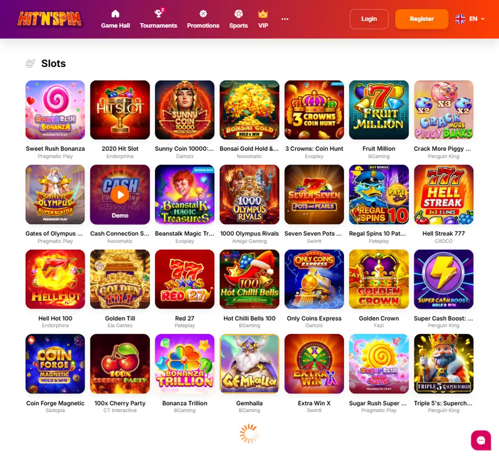 Hit N Spin Casino desktop slots lobby screenshot presenting variety of slot games with categories and providers   verified