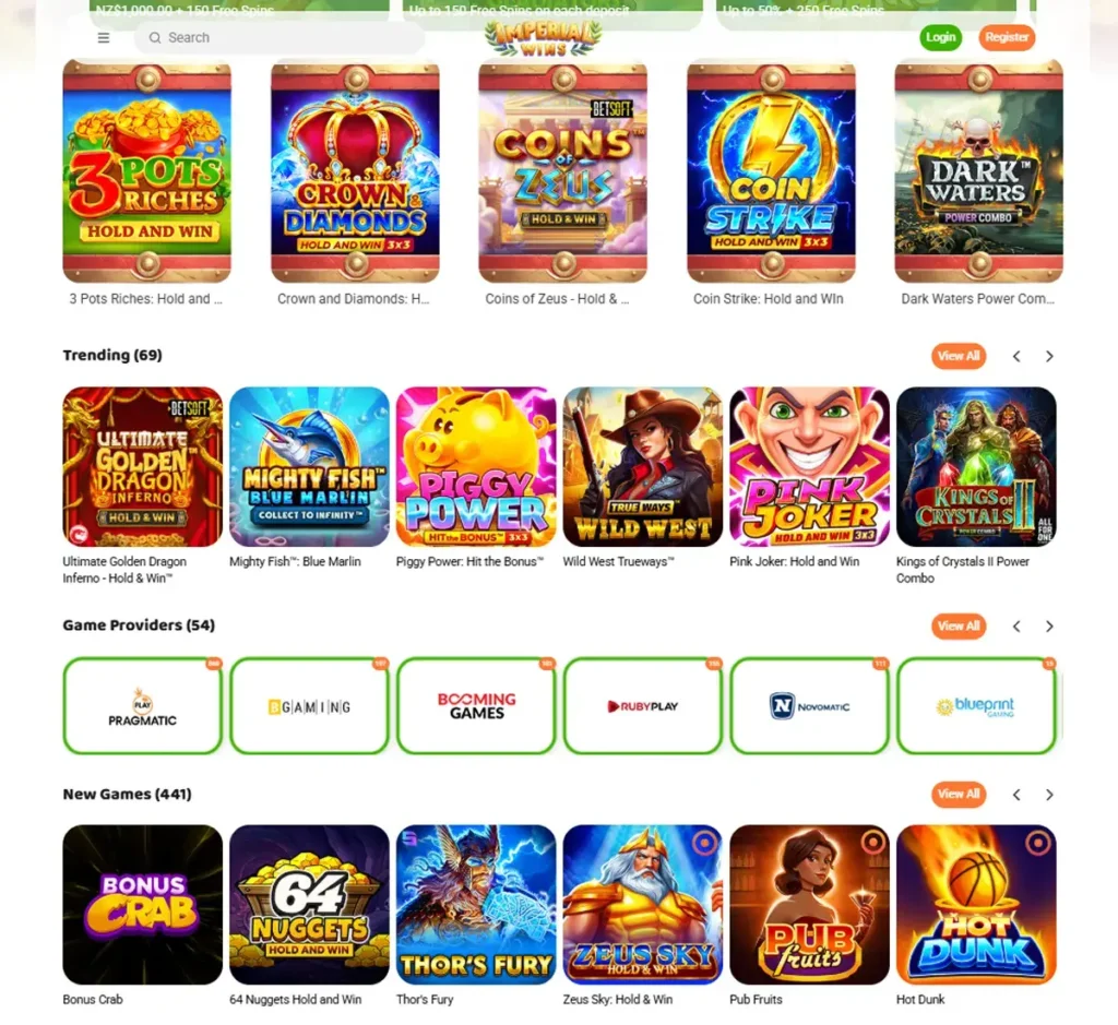 Imperial Wins Casino desktop promotions page screenshot displaying welcome bonuses, cashback offers and special rewards - tested