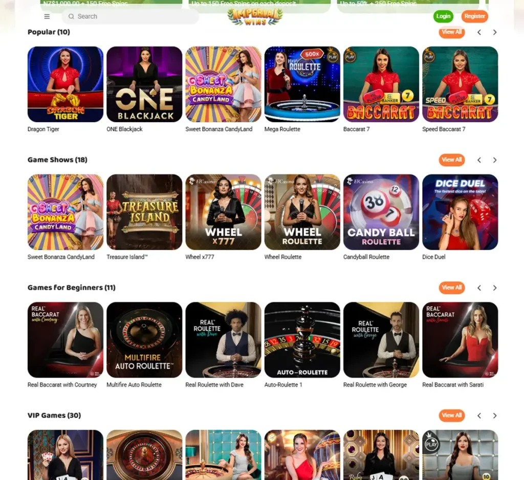 Imperial Wins Casino desktop live casino lobby screenshot featuring live dealer games and real-time streaming interface - review testing
